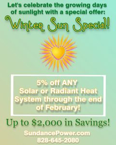 Special offer on solar energy system, radiant heat system, solar panels, Asheville solar